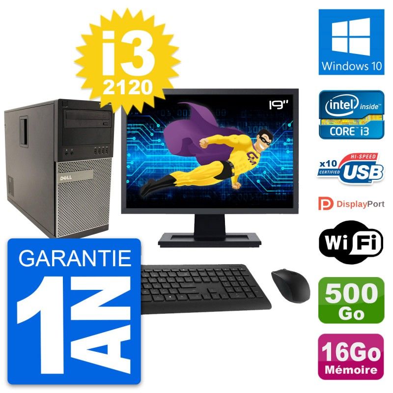 Ordinateur de bureau Dell Optiplex 790 MT, écran 19'', processeur Core i3-2120, 16 Go de RAM, disque dur 500 Go, Windows 10, Wi-Fi