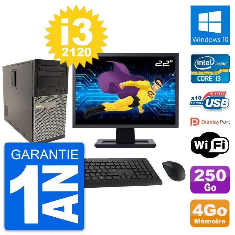 Dell Optiplex 790 MT Desktop Computer, 22" Screen, Intel i3-2120, 4GB RAM, 250GB HDD, Windows 10, WiFi