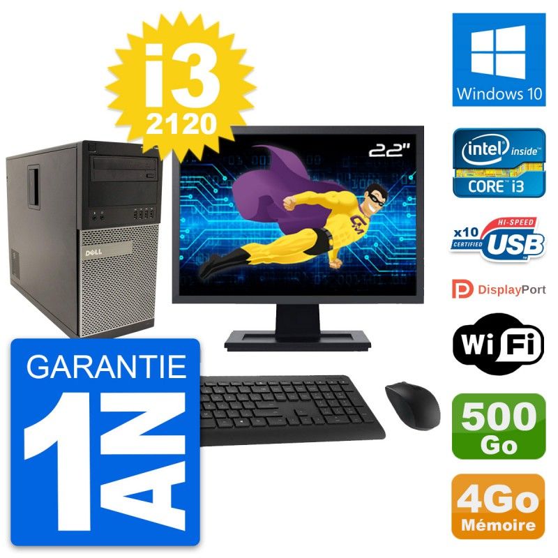 Dell Optiplex 790 MT Desktop PC - 22" Screen, Intel i3-2120, 4GB RAM, 500GB HDD, Windows 10, WiFi