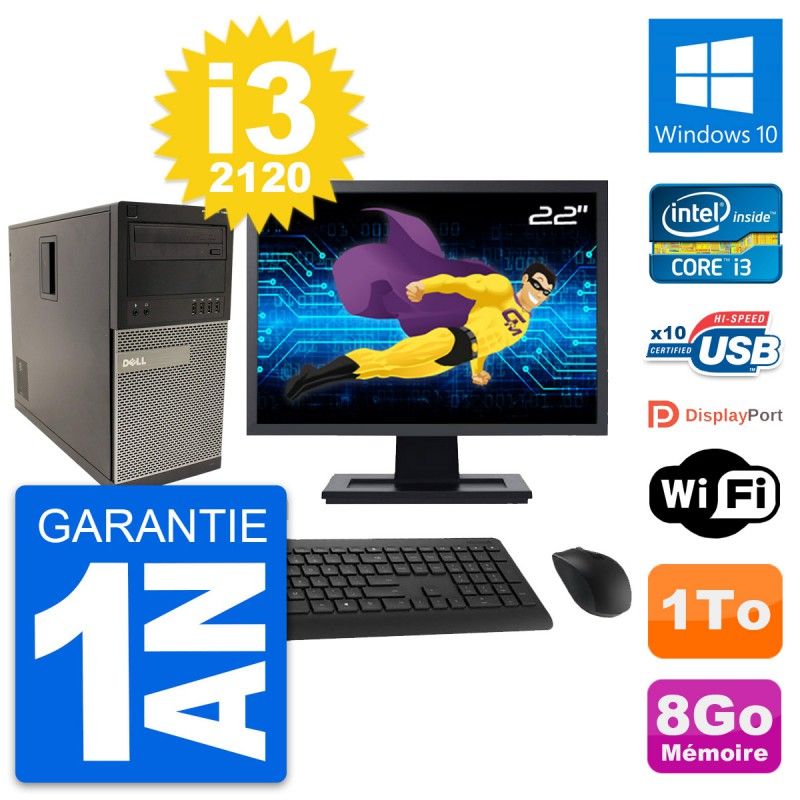 Dell Optiplex 790 MT Desktop PC - 22" Screen, Intel i3-2120, 8GB RAM, 1TB HDD, Windows 10, WiFi