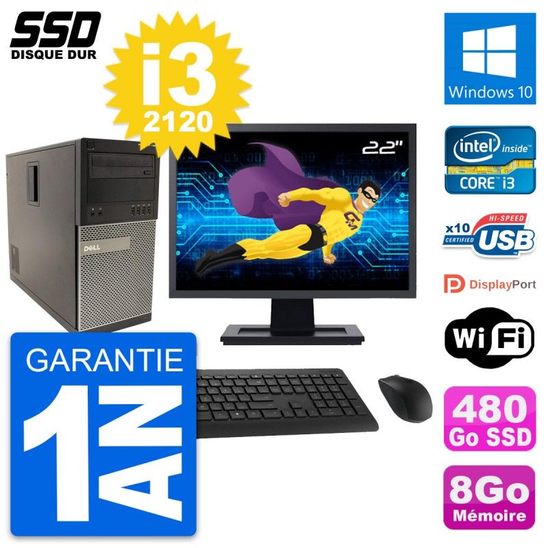 Dell Optiplex 790 MT Desktop Computer, 22" Screen, Intel i3-2120, 8GB RAM, 480GB SSD, Windows 10, WiFi