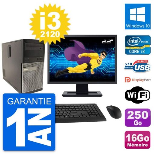 Dell Optiplex 790 MT Desktop Computer, 22" Screen, Core i3-2120, 16GB RAM, 250GB HDD, Windows 10, WiFi