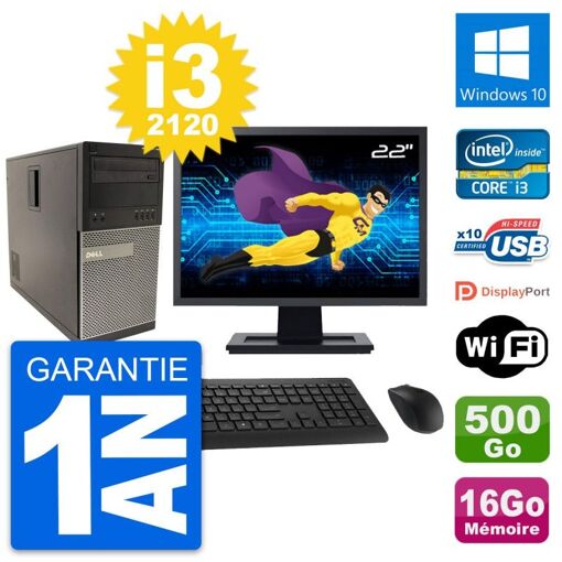 Dell Optiplex 790 MT Desktop PC - 22" Screen, Intel Core i3-2120, 16GB RAM, 500GB HDD, Windows 10, WiFi