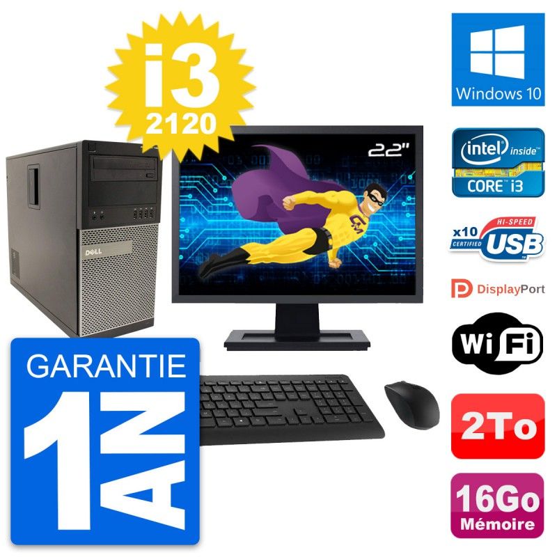 Dell Optiplex 790 MT Desktop PC - 22" Screen, Intel i3-2120, 16GB RAM, 2TB Hard Drive, Windows 10, WiFi