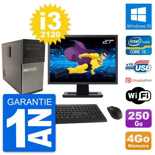 Dell Optiplex 790 MT Desktop PC - 27" Screen, Intel i3-2120, 4GB RAM, 250GB HDD, Windows 10, WiFi