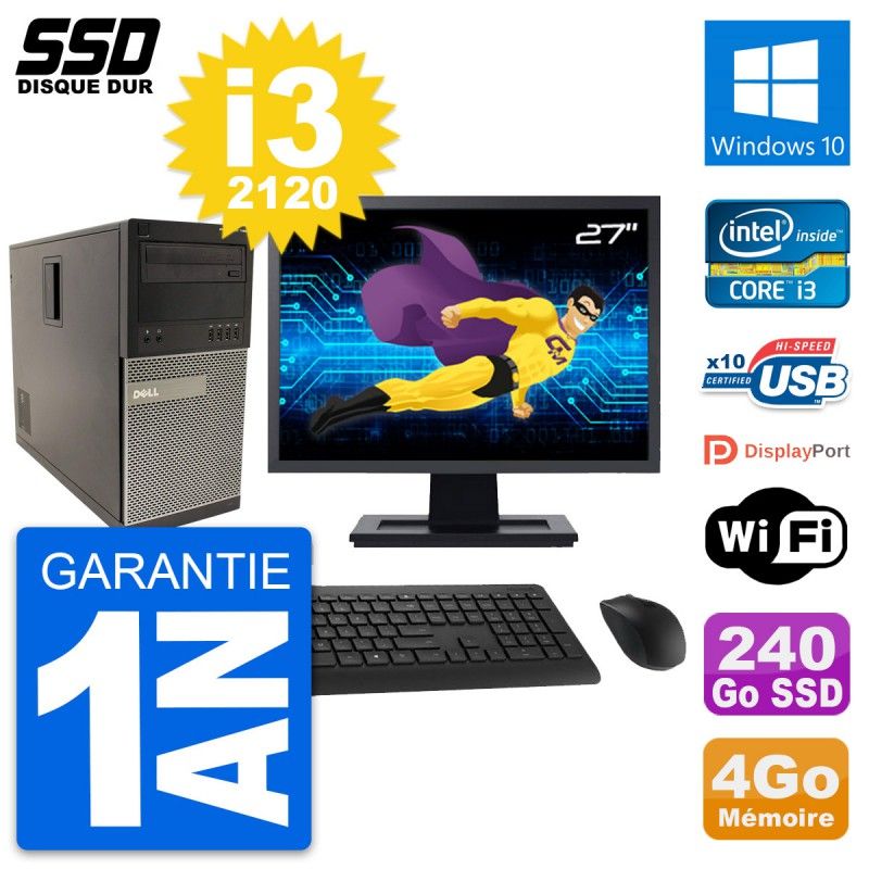 Ordinateur de bureau Dell Optiplex 790 MT, écran 27", processeur Intel i3-2120, 4 Go de RAM, 240 Go SSD, Windows 10, Wi-Fi