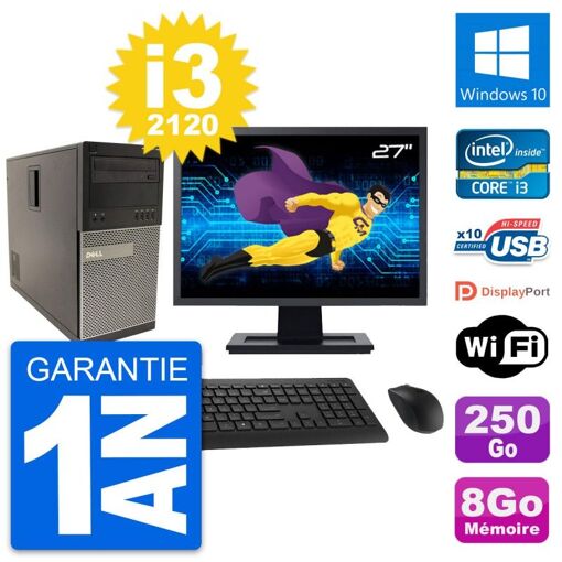 Dell Optiplex 790 MT Desktop PC - 27" Screen, Intel i3-2120, 8GB RAM, 250GB Hard Drive, Windows 10, WiFi