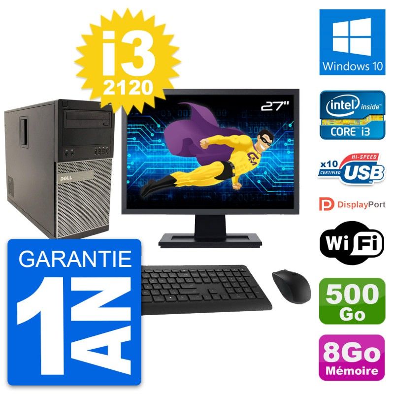 Dell Optiplex 790 MT Desktop PC - 27" Screen, Intel i3-2120, 8GB RAM, 500GB HDD, Windows 10, WiFi
