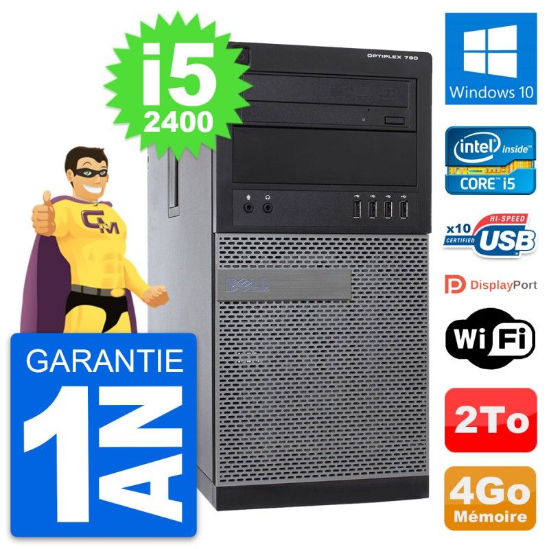 Ordinateur de bureau Dell OptiPlex 790 MT - Processeur Intel i5-2400, 4 Go de RAM, Disque dur de 2 To, Windows 10, Wifi