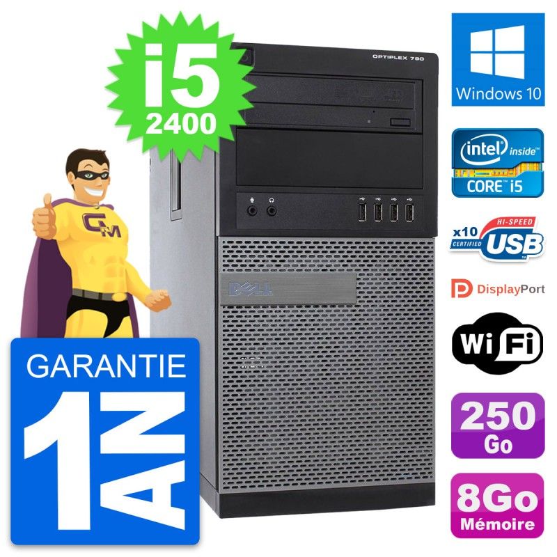 Ordinateur de bureau Dell OptiPlex 790 MT - Processeur Intel i5-2400, 8 Go de RAM, disque dur 250 Go, Windows 10, Wifi