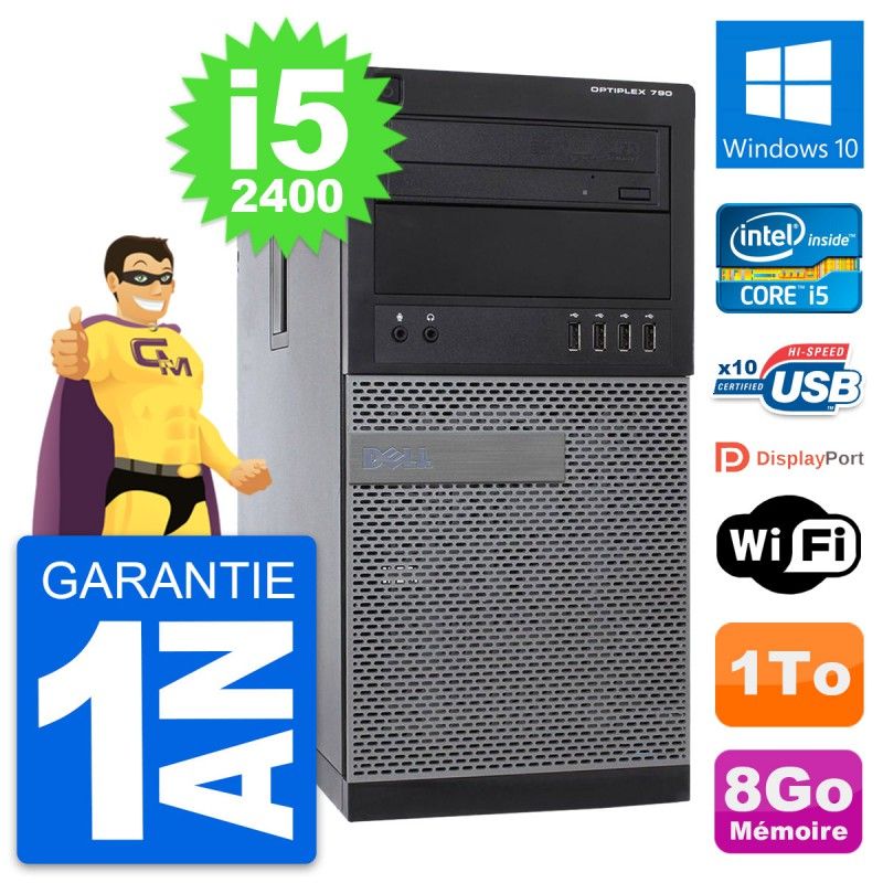 Ordinateur de bureau Dell OptiPlex 790 MT - Processeur Intel i5-2400, 8 Go de RAM, 1 To HDD, Windows 10, Wifi