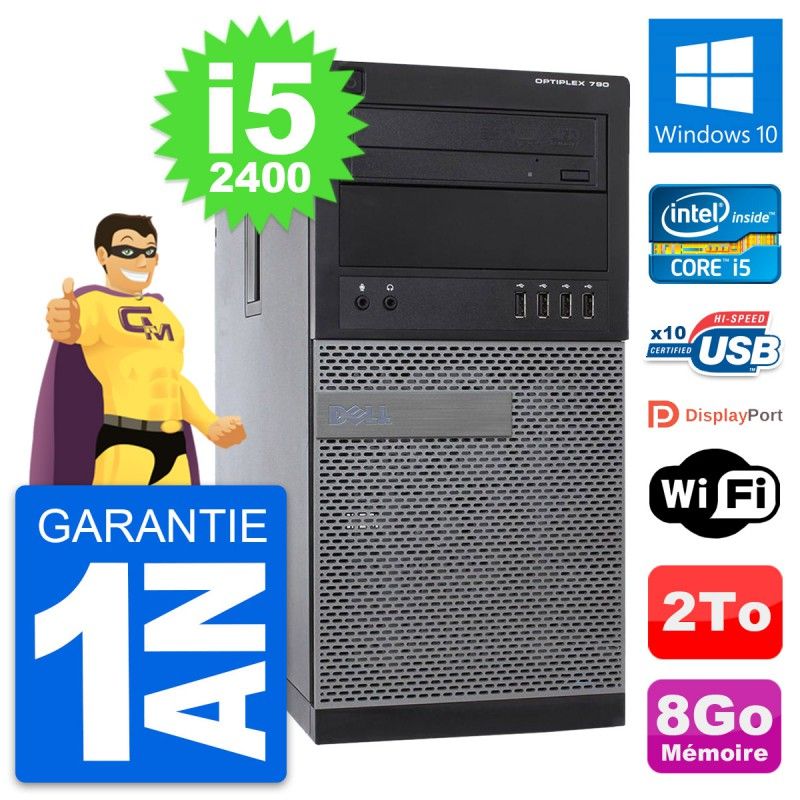 Ordinateur de bureau Dell OptiPlex 790 MT - Processeur Intel Core i5-2400, 8 Go de RAM, Disque dur 2 To, Windows 10, Wi-Fi