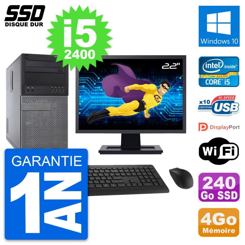 Dell Optiplex 790 MT Desktop Computer, 22" Screen, Intel i5-2400, 4GB RAM, 240GB SSD, Windows 10, WiFi