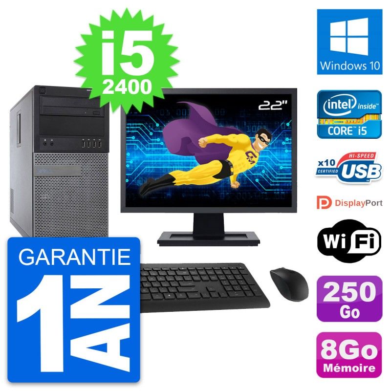 Dell Optiplex 790 MT Desktop PC - 22" Screen, Intel i5-2400, 8GB RAM, 250GB HDD, Windows 10, WiFi
