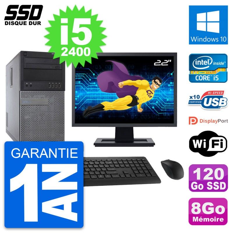 Dell Optiplex 790 MT Desktop Computer, 22" Screen, Intel i5-2400, 8GB RAM, 120GB SSD, Windows 10, WiFi