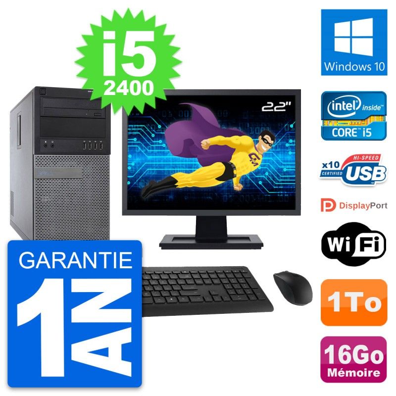Dell Optiplex 790 MT Desktop PC - 22" Screen, Intel i5-2400, 16GB RAM, 1TB HDD, Windows 10, WiFi