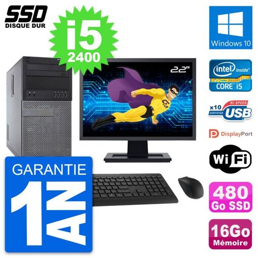 Dell Optiplex 790 MT Desktop Computer, 22" Screen, Intel i5-2400, 16GB RAM, 480GB SSD, Windows 10, WiFi