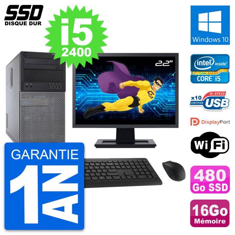 Dell Optiplex 790 MT Desktop Computer, 22" Screen, Intel i5-2400, 16GB RAM, 480GB SSD, Windows 10, WiFi