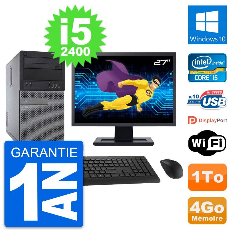 Dell Optiplex 790 MT Desktop PC - 27" Screen, Intel i5-2400, 4GB RAM, 1TB HDD, Windows 10, WiFi