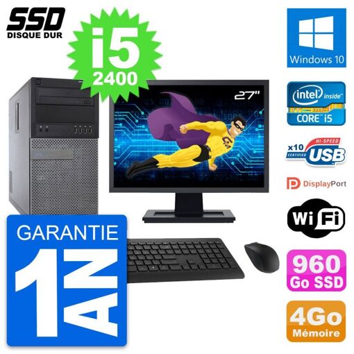 Dell Optiplex 790 MT Desktop PC - 27" Screen, Intel i5-2400, 4GB RAM, 960GB SSD, Windows 10, WiFi