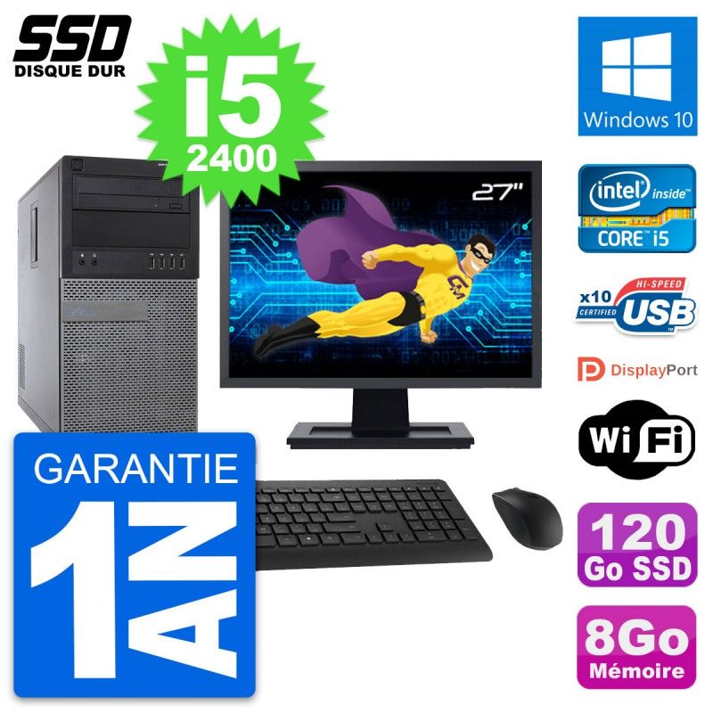 Dell Optiplex 790 MT Desktop Computer - 27" Screen, Intel i5-2400, 8GB RAM, 120GB SSD, Windows 10, WiFi