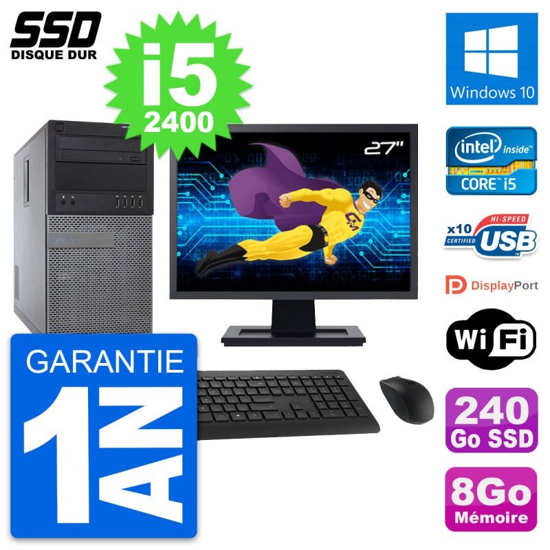 Dell Optiplex 790 MT Desktop Computer, 27" Screen, Intel i5-2400, 8GB RAM, 240GB SSD, Windows 10, WiFi