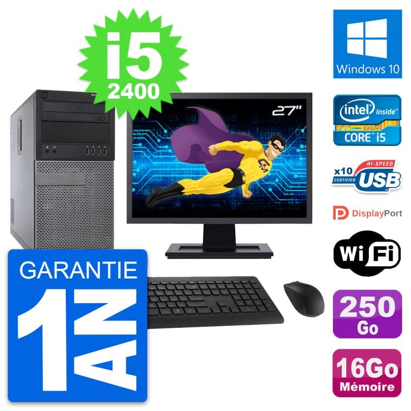 Dell Optiplex 790 MT Desktop PC - 27" Screen, Core i5-2400, 16GB RAM, 250GB HDD, Windows 10, WiFi