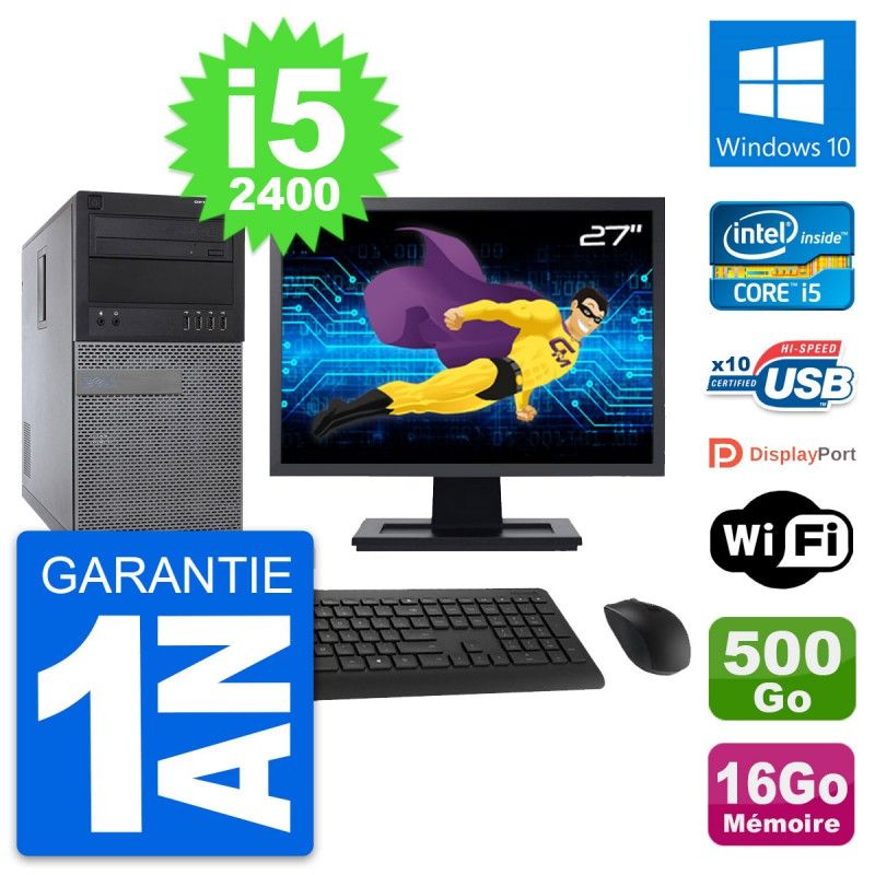 Dell Optiplex 790 MT Desktop PC - 27" Screen, Core i5-2400, 16GB RAM, 500GB HDD, Windows 10, Wifi