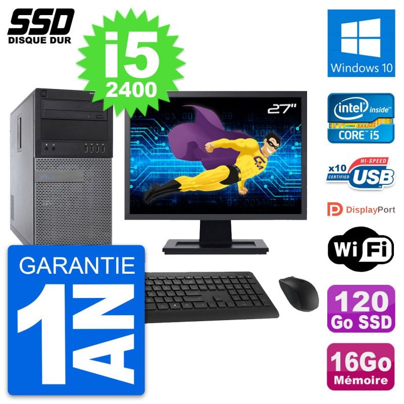 Dell Optiplex 790 MT Desktop PC - 27" Screen, Intel i5-2400, 16GB RAM, 120GB SSD, Windows 10, WiFi