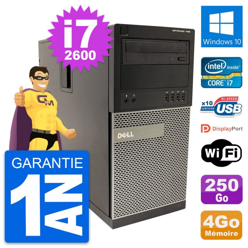 Dell OptiPlex 790 MT Desktop PC - Intel i7-2600, 4GB RAM, 250GB HDD, Windows 10, WiFi