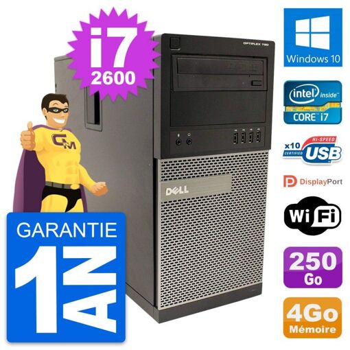 Dell OptiPlex 790 MT Desktop PC - Intel i7-2600, 4GB RAM, 250GB HDD, Windows 10, WiFi