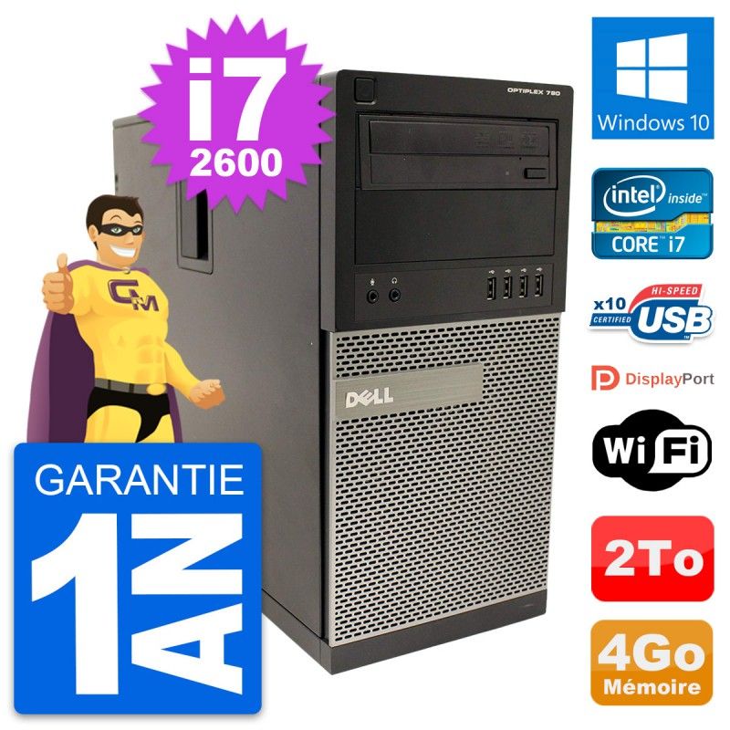 Dell OptiPlex 790 MT Desktop PC - Intel i7-2600, 4GB RAM, 2TB HDD, Windows 10, WiFi