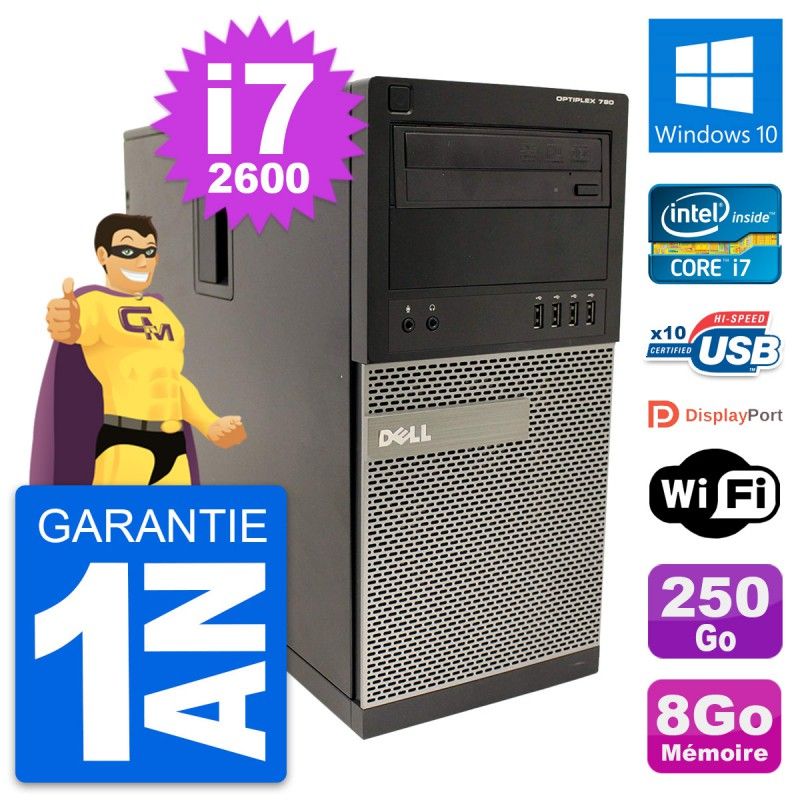 Dell OptiPlex 790 MT Desktop PC - Intel i7-2600, 8GB RAM, 250GB SSD, Windows 10, WiFi