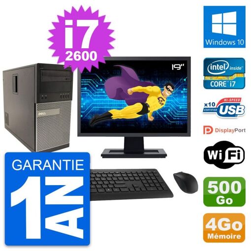 Dell Optiplex 790 MT Desktop PC - 19" Screen, Intel i7-2600, 4GB RAM, 500GB Hard Drive, Windows 10, Wi-Fi