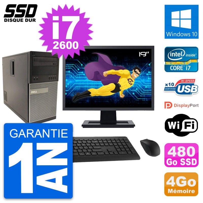 Dell Optiplex 790 MT Desktop Computer - 19" Screen, Intel i7-2600, 4GB RAM, 480GB SSD, Windows 10, WiFi