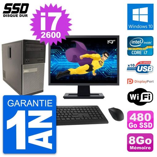 Dell Optiplex 790 MT Desktop Computer, 19" Screen, Intel i7-2600, 8GB RAM, 480GB SSD, Windows 10, WiFi