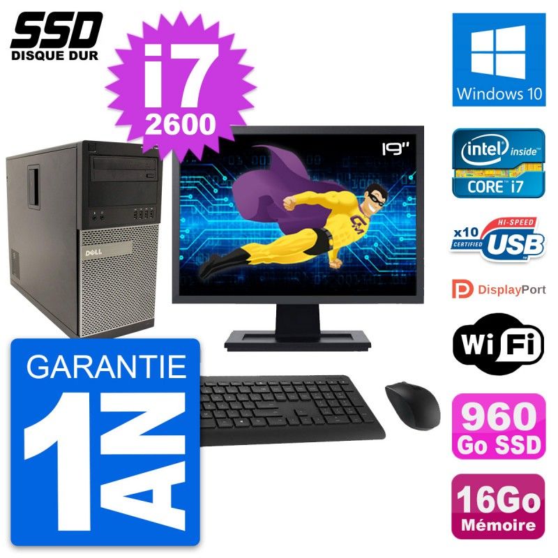 Dell Optiplex 790 MT Desktop Computer - 19" Screen, Intel i7-2600, 16GB RAM, 960GB SSD, Windows 10, WiFi