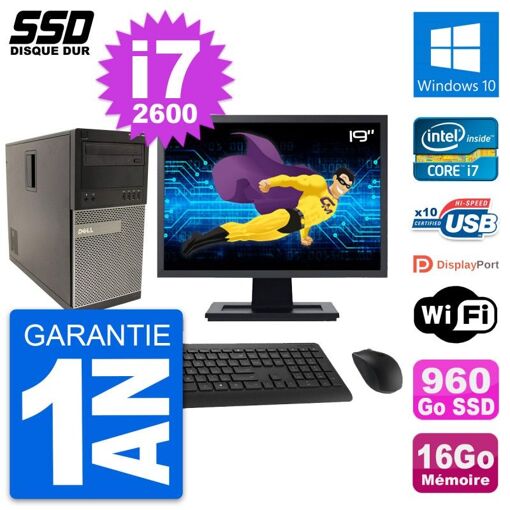 Dell Optiplex 790 MT Desktop Computer - 19" Screen, Intel i7-2600, 16GB RAM, 960GB SSD, Windows 10, WiFi