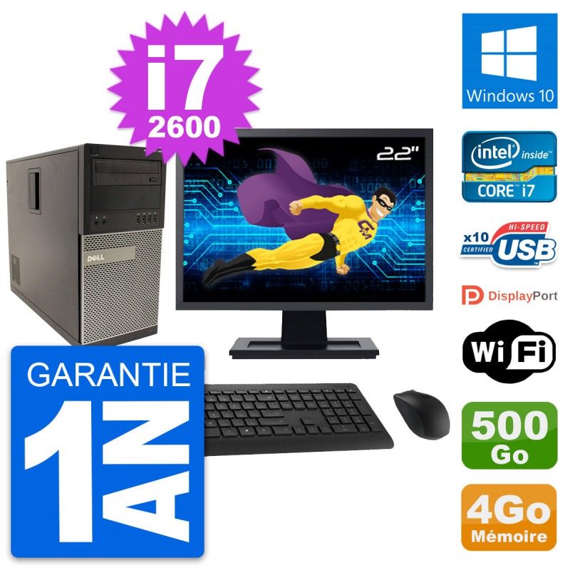 Dell Optiplex 790 MT Desktop Computer, 22" Screen, Intel i7-2600, 4GB RAM, 500GB HDD, Windows 10, WiFi