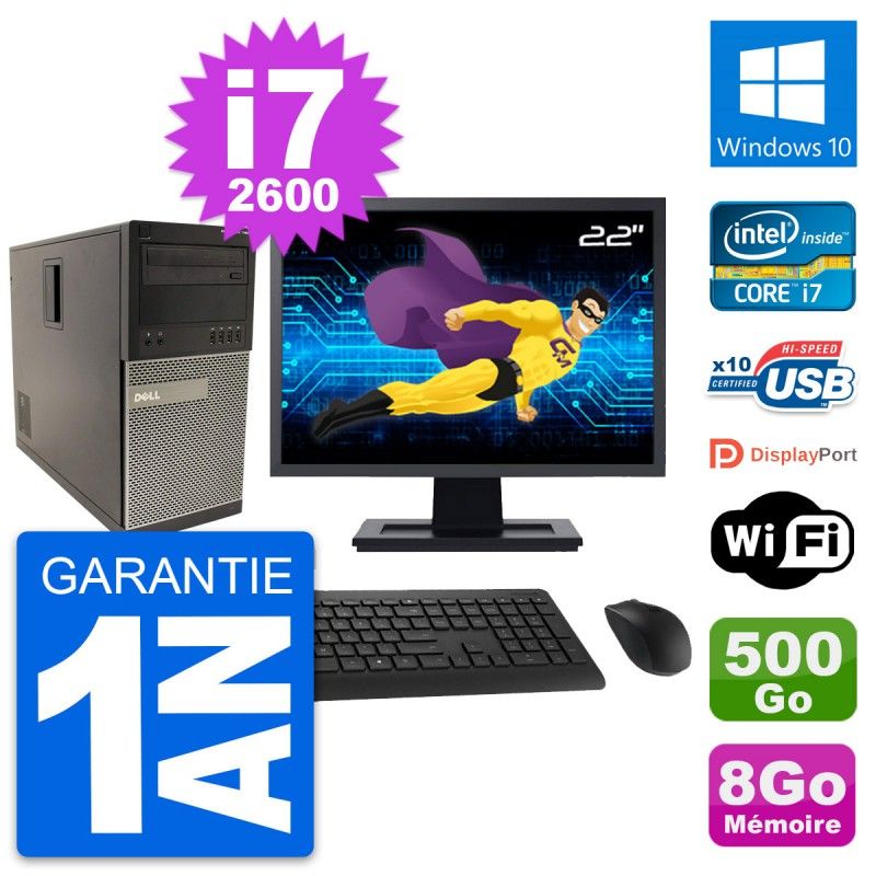 Dell Optiplex 790 MT Desktop Computer, 22" Screen, Intel i7-2600, 8GB RAM, 500GB Hard Drive, Windows 10, Wi-Fi