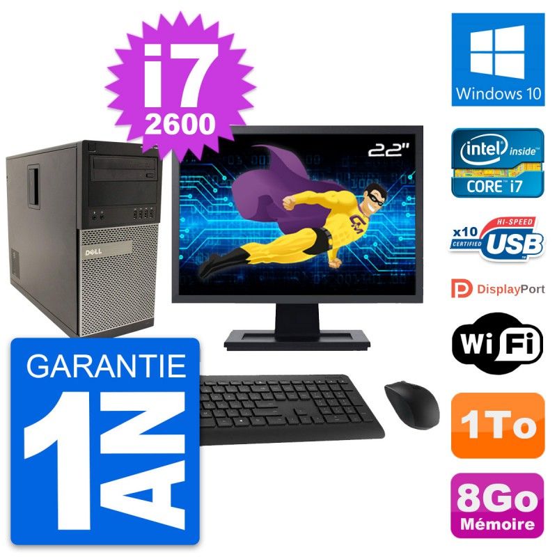 Dell Optiplex 790 MT Desktop PC - 22" Screen, Intel i7-2600, 8GB RAM, 1TB HDD, Windows 10, WiFi