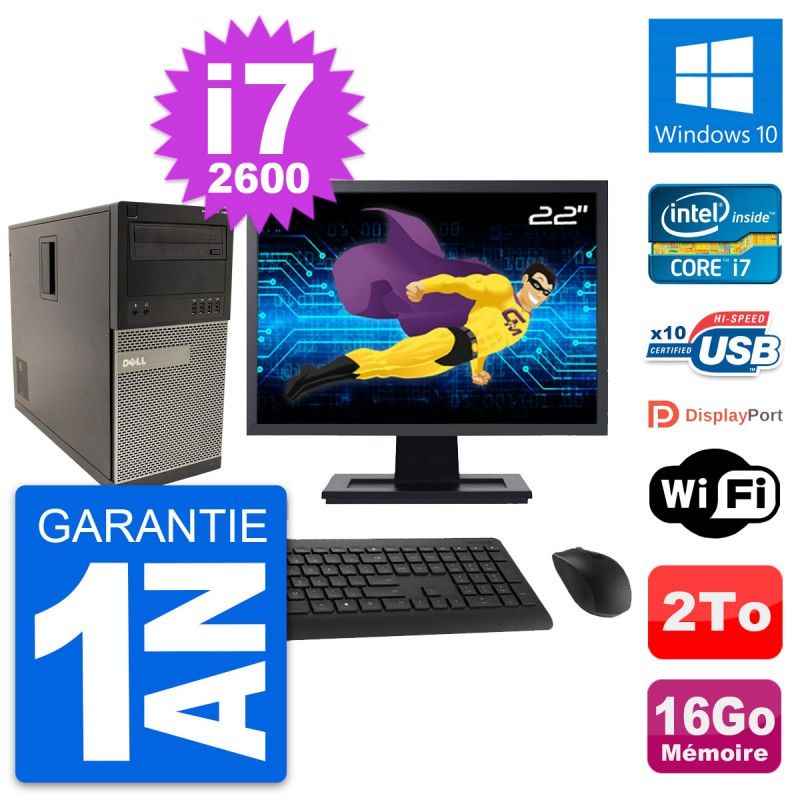 PC de escritorio Dell Optiplex 790 MT - Pantalla de 22', Intel i7-2600, 16GB de RAM, 2TB HDD, Windows 10, WiFi