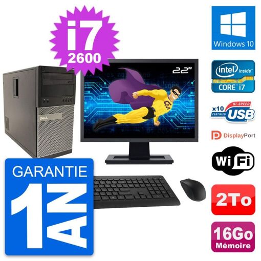 Dell Optiplex 790 MT Desktop PC - 22" Screen, Intel i7-2600, 16GB RAM, 2TB HDD, Windows 10, WiFi