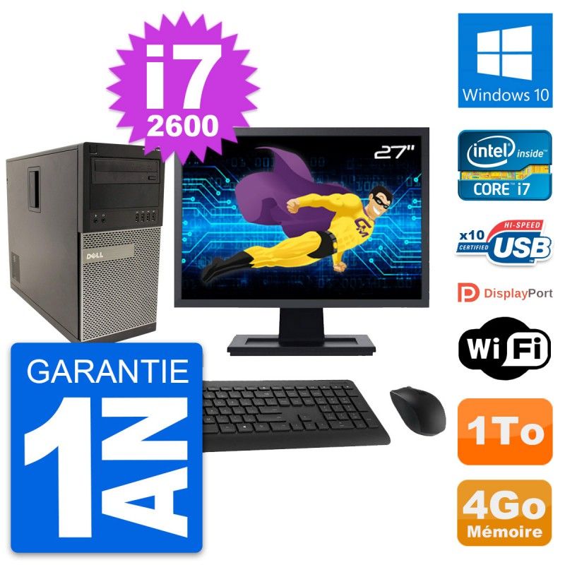 Dell Optiplex 790 MT Desktop PC - 27" Screen, Intel i7-2600, 4GB RAM, 1TB HDD, Windows 10, WiFi