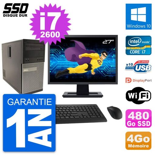Dell Optiplex 790 MT Desktop PC - 27" Screen, Intel i7-2600, 4GB RAM, 480GB SSD, Windows 10, WiFi