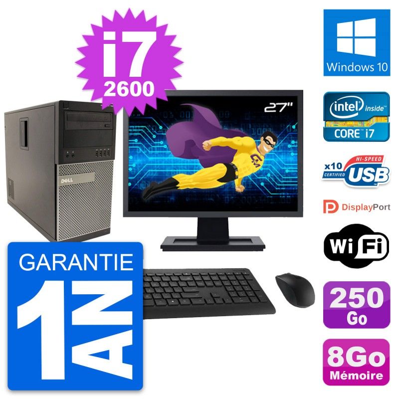 Dell Optiplex 790 MT Desktop PC - 27" Screen, Intel i7-2600, 8GB RAM, 250GB HDD, Windows 10, WiFi