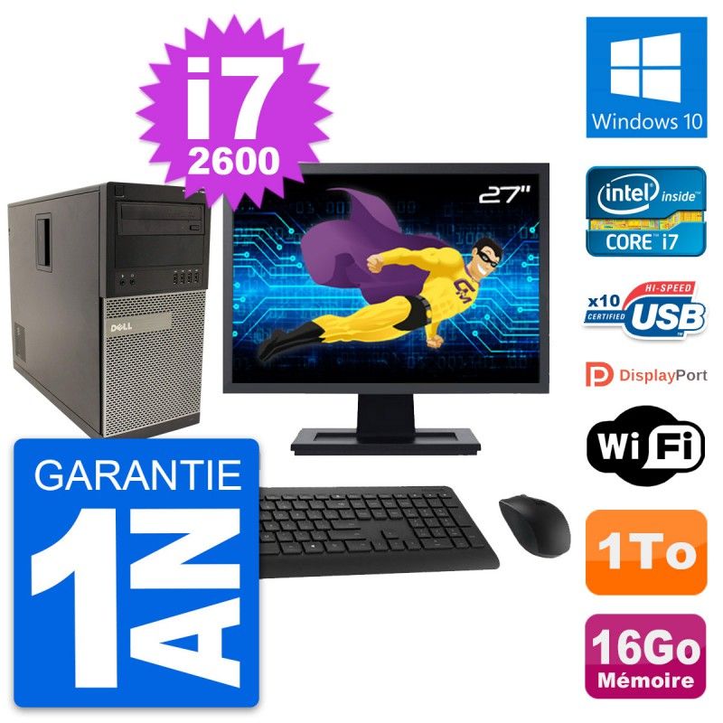Ordinateur de bureau Dell Optiplex 790 MT - Écran 27'', Intel i7-2600, 16 Go RAM, 1 To HDD, Windows 10, WiFi