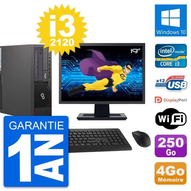 Fujitsu E700 DT 19-inch Screen, Intel i3-2120, 4GB RAM, 250GB Hard Drive, Windows 10, Wi-Fi