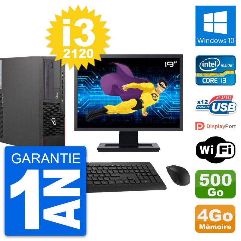 Fujitsu E700 DT 19-inch Screen, Intel i3-2120, 4GB RAM, 500GB Disk, Windows 10, Wi-Fi