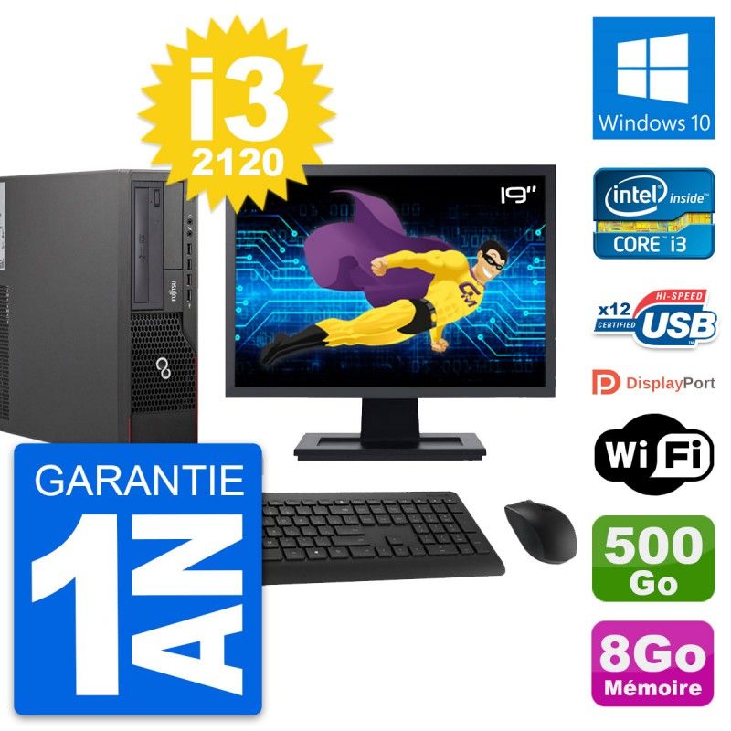 Fujitsu E700 DT 19-inch Screen, Intel i3-2120, 8GB RAM, 500GB Hard Drive, Windows 10, WiFi